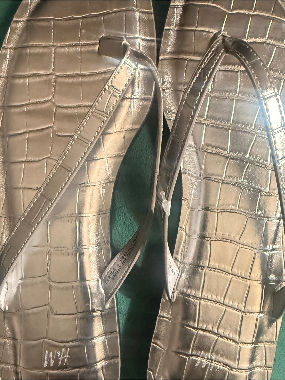 H&M Metallic Silver Croc-Embossed Flip Flop Sandals